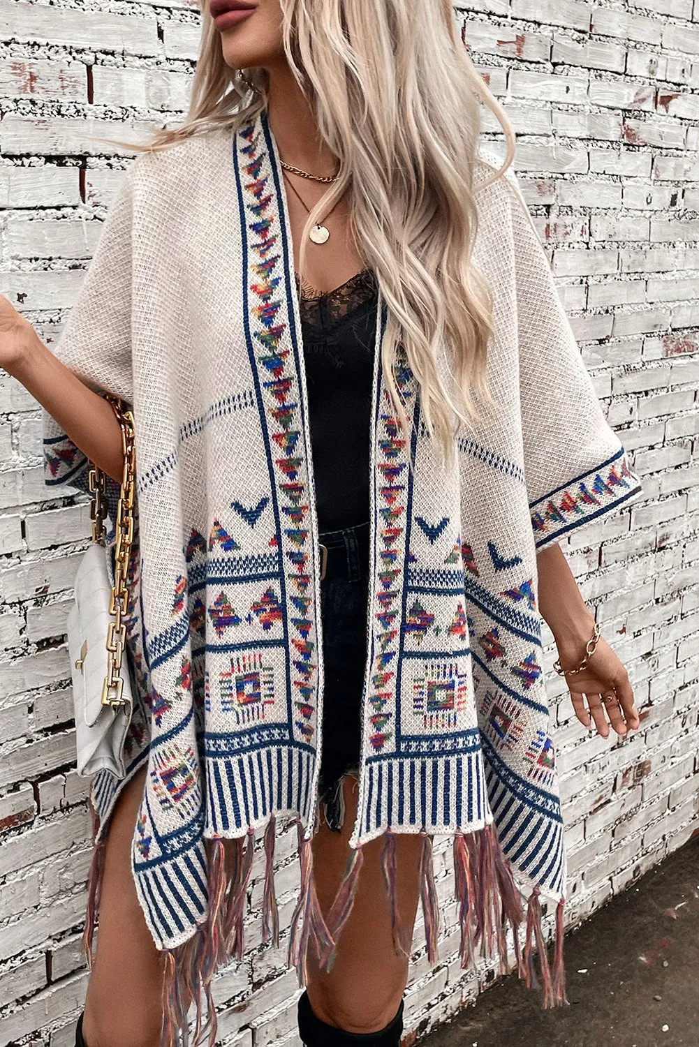 🌾 Beige Boho Geometric Tassel Hem Cape Poncho Cardigan: The Ultimate Piece for When You Want to Look Like You’re Living Your Best Boho Life, Even If You’re Still Figuring Out Adulting 🌾