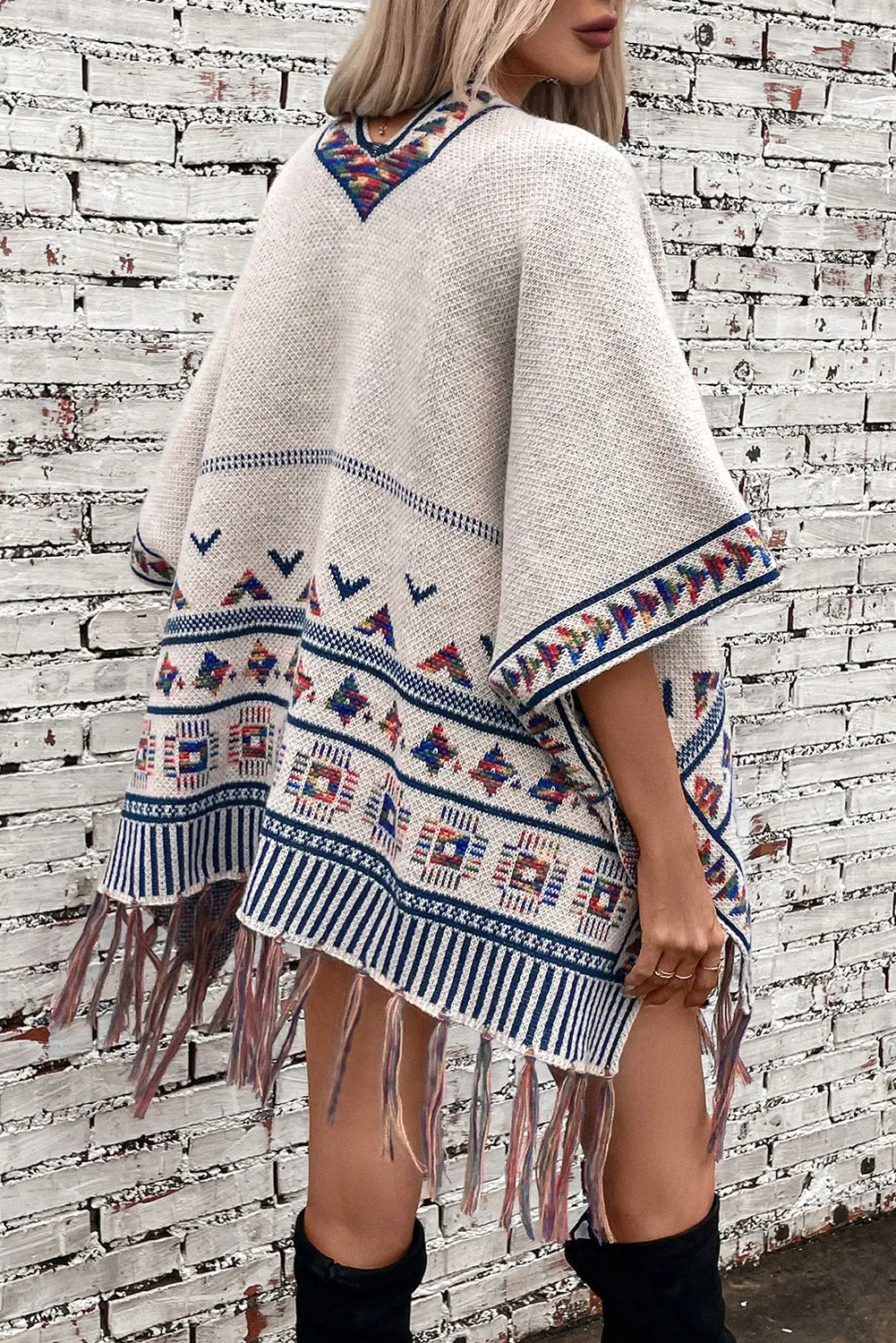 🌾 Beige Boho Geometric Tassel Hem Cape Poncho Cardigan: The Ultimate Piece for When You Want to Look Like You’re Living Your Best Boho Life, Even If You’re Still Figuring Out Adulting 🌾