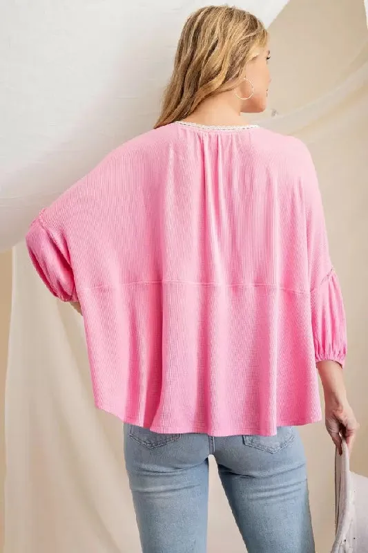 143 Story Embroidered Dolman Babydoll Short Top - Pink Pop