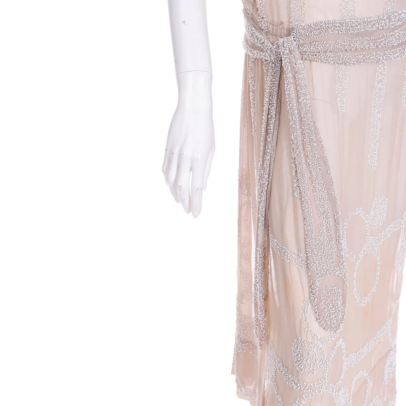 1920s Vintage Nude Sand Silk Beaded Flapper Dress w Beaded Belt