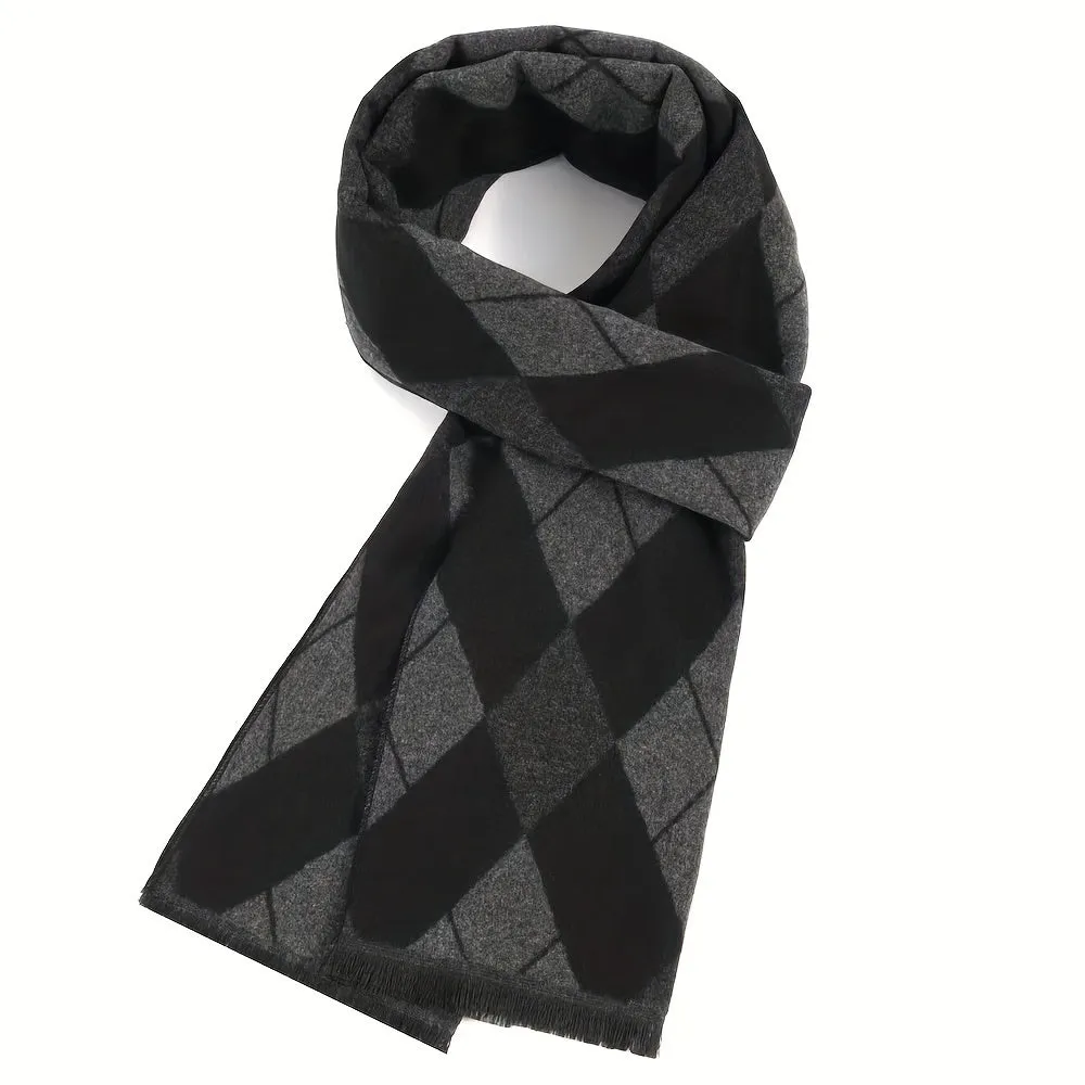 1pc Autumn And Winter Men's Striped Diamond Check Fashionable And Versatile Warm Scarf