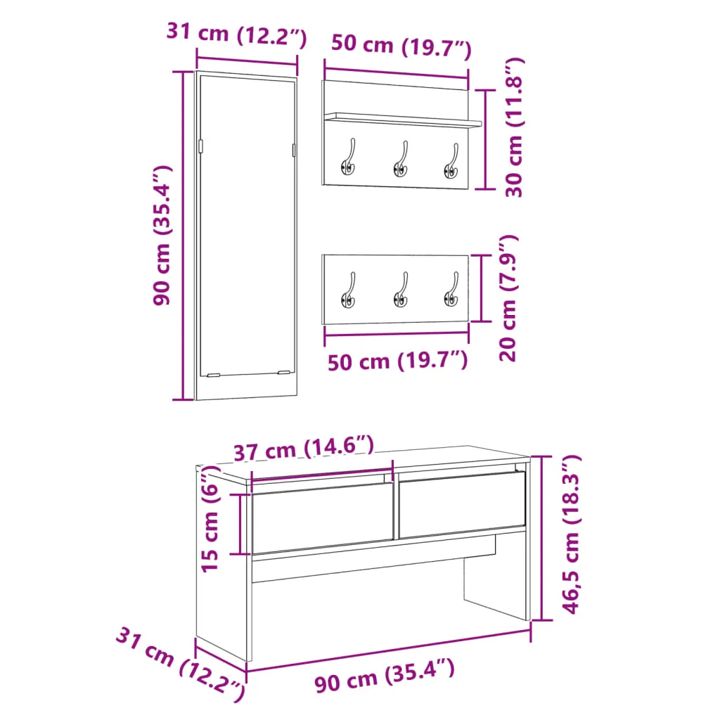 4 Piece Hallway Furniture Set Grey Sonoma Engineered Wood