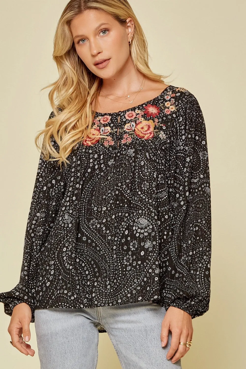 Abstract Floral Embroidered Blouse