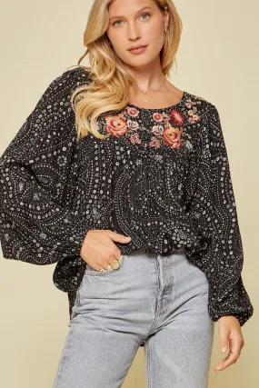 Abstract Floral Embroidered Blouse