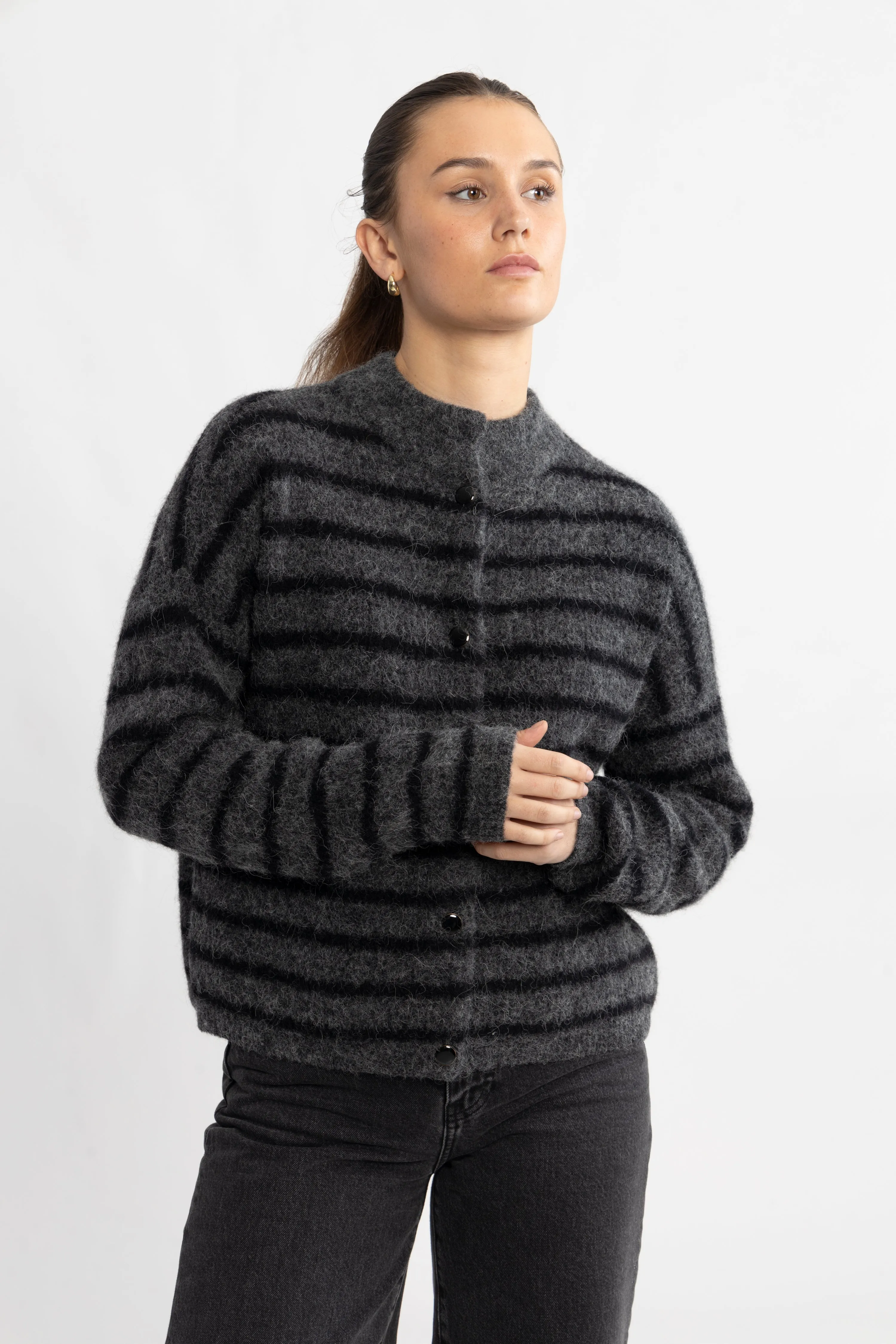 AlphaGZ Short Cardigan - Charcoal Black Striped