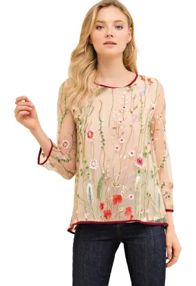 Always in Bloom Floral  Embroidered Top, Sand