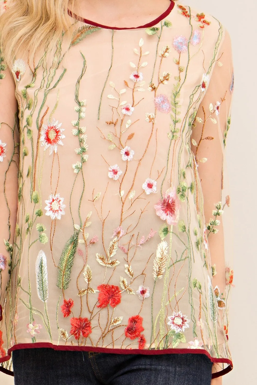 Always in Bloom Floral  Embroidered Top, Sand