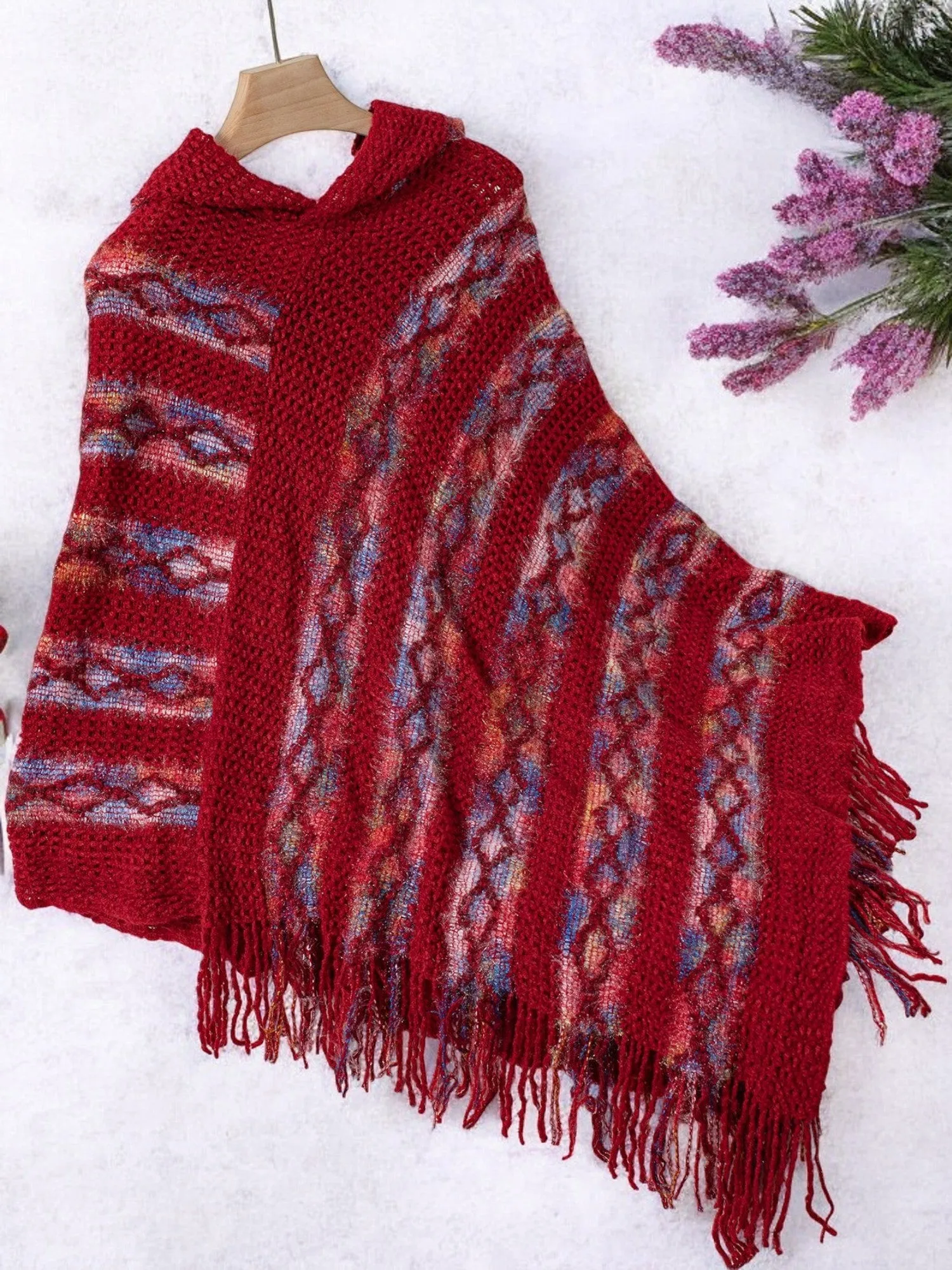 Anna-Kaci Women's Knit Poncho with Fringe Detail and Cozy Hood