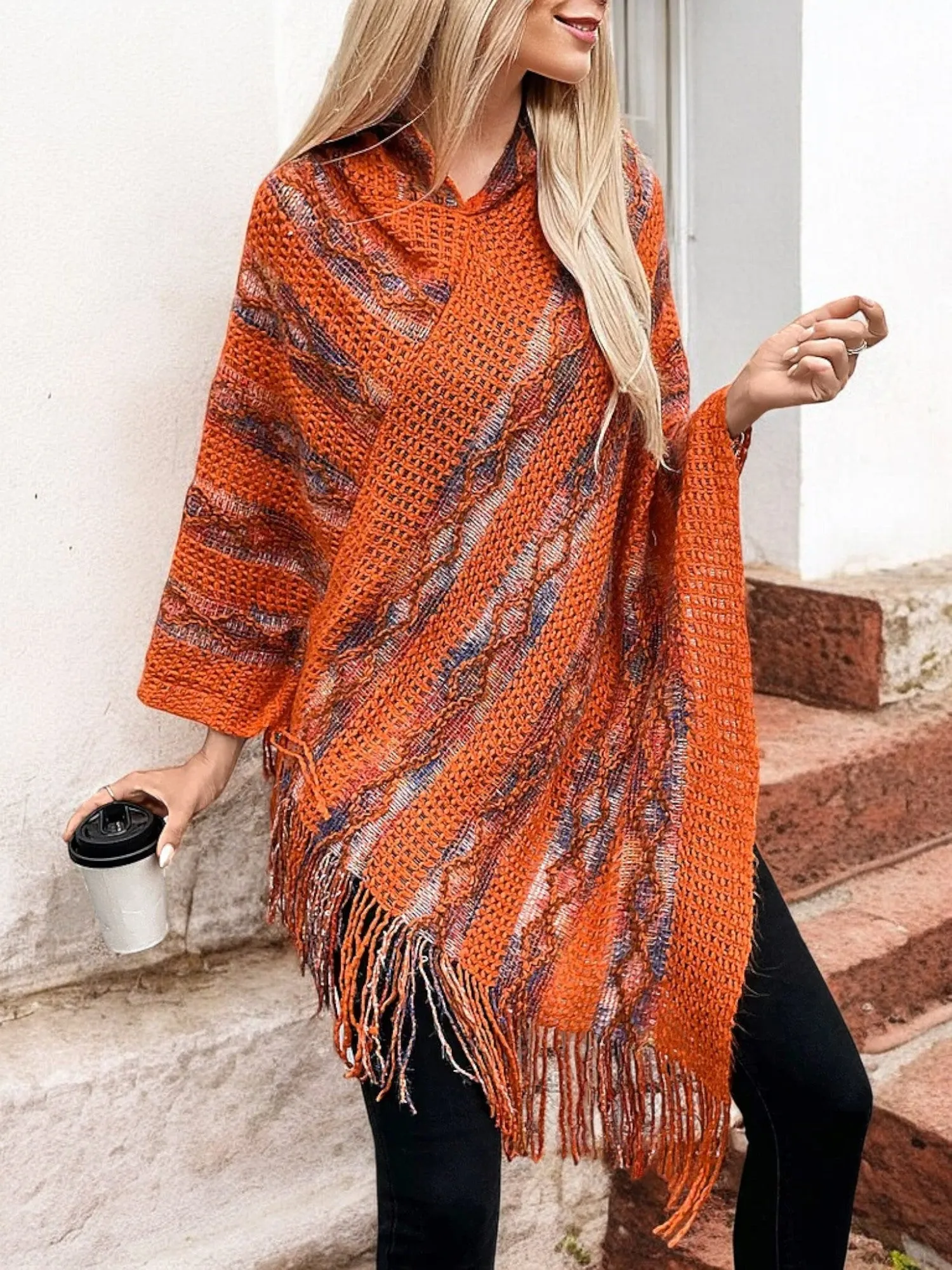 Anna-Kaci Women's Knit Poncho with Fringe Detail and Cozy Hood