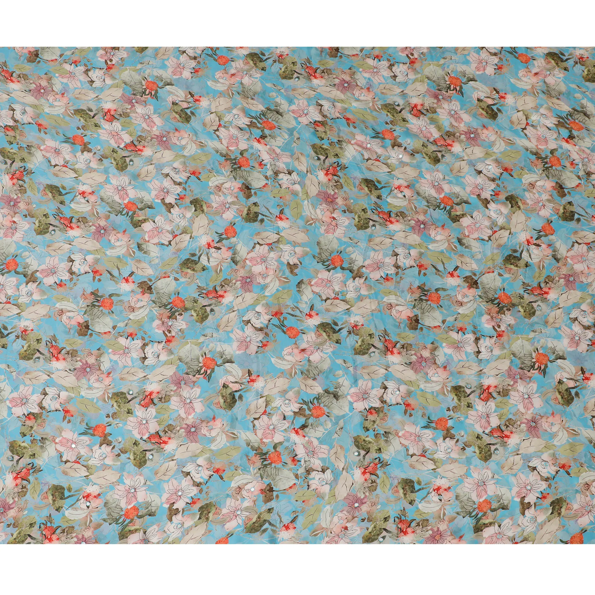 Aqua Blue Floral Viscose Modal Satin Fabric with Mirror Work - 110 cm Width-D20269