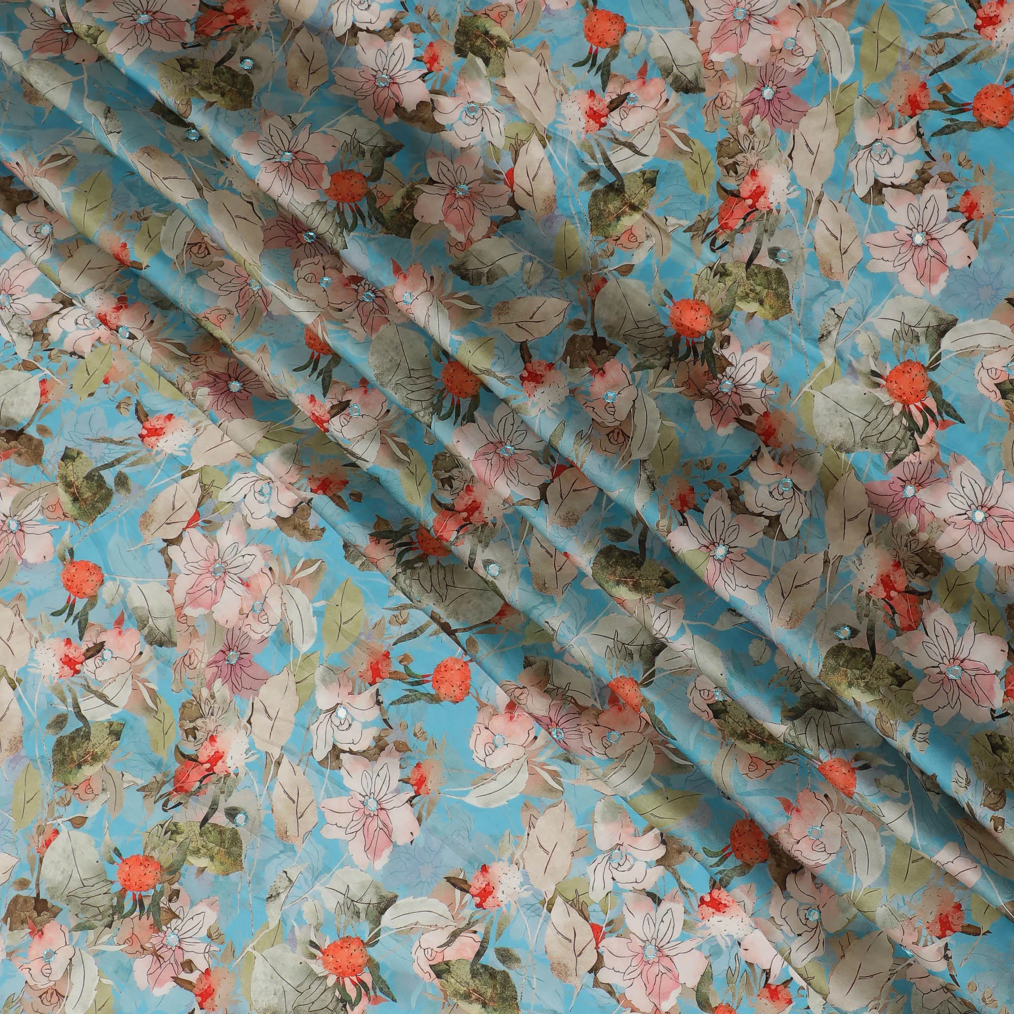 Aqua Blue Floral Viscose Modal Satin Fabric with Mirror Work - 110 cm Width-D20269