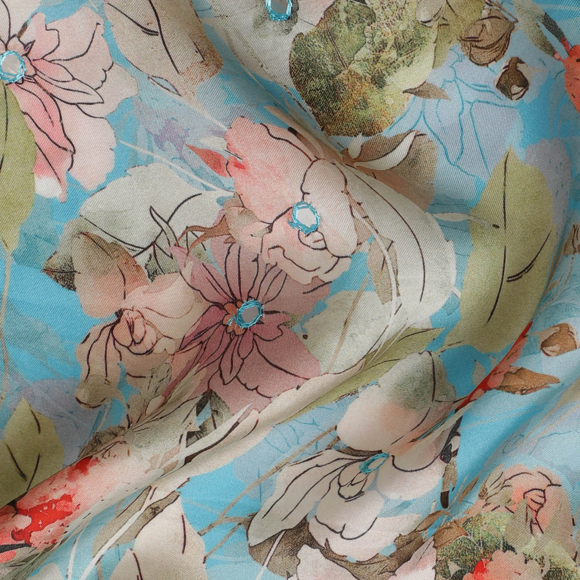 Aqua Blue Floral Viscose Modal Satin Fabric with Mirror Work - 110 cm Width-D20269