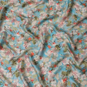 Aqua Blue Floral Viscose Modal Satin Fabric with Mirror Work - 110 cm Width-D20269