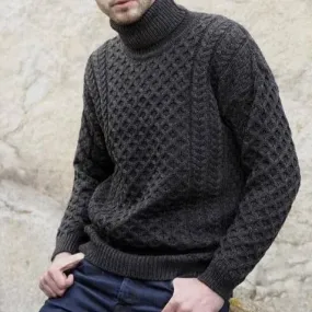 ARAN CRAFT - Merino Polo Neck Sweater - Charcoal