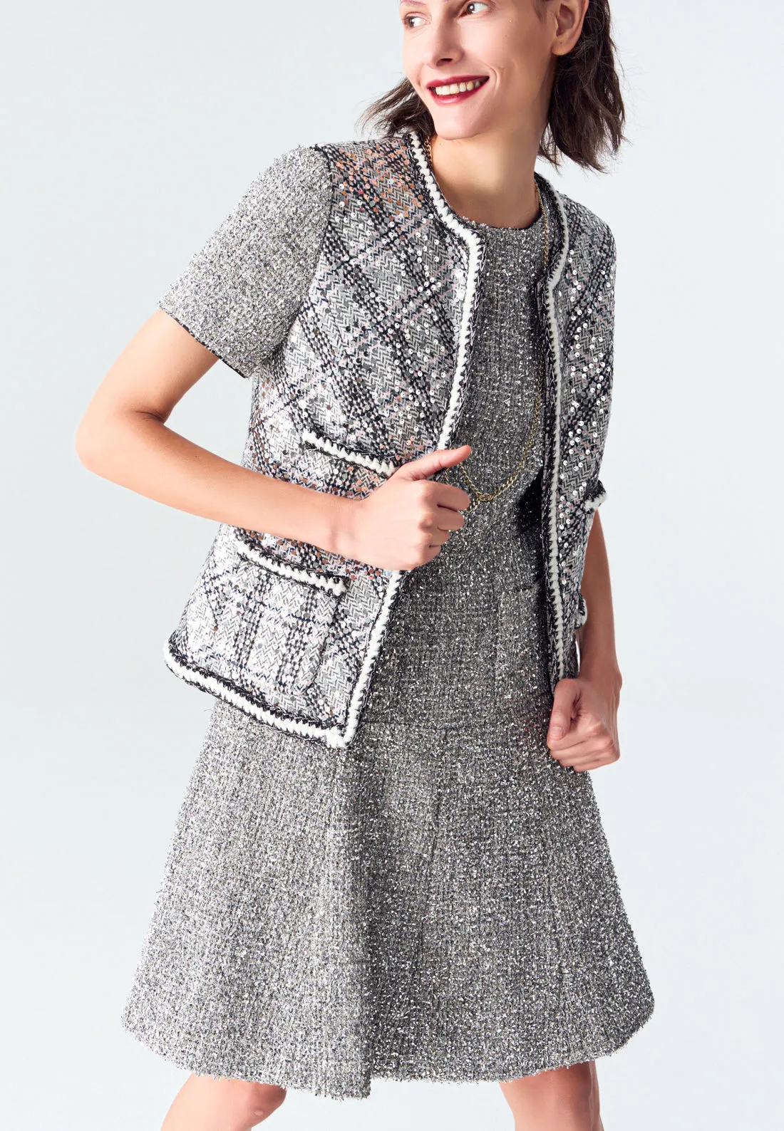 Argyle Plaid Sequin Tweed Vest