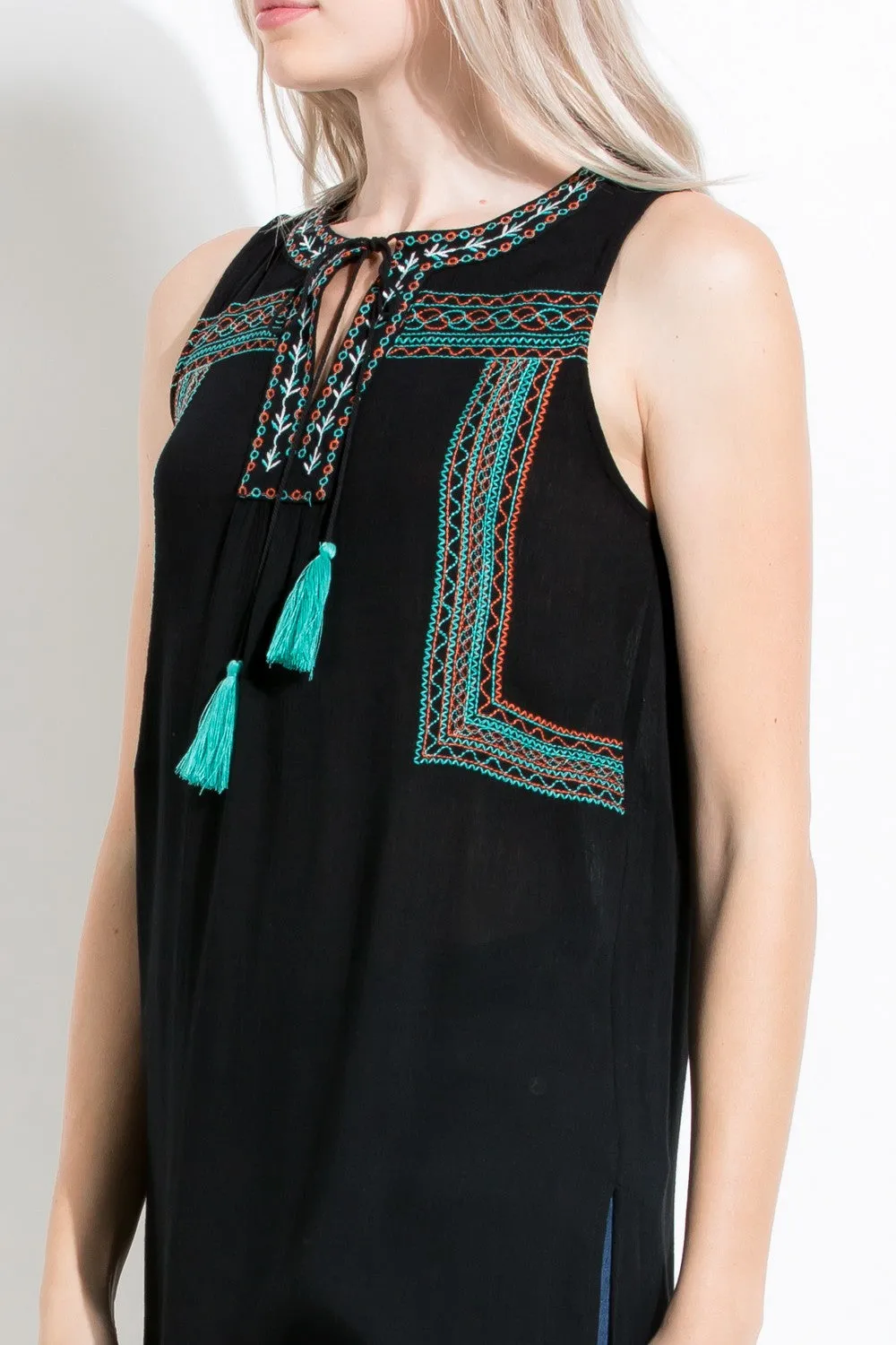 Aztec Embroidered Sleeveless Top, Black