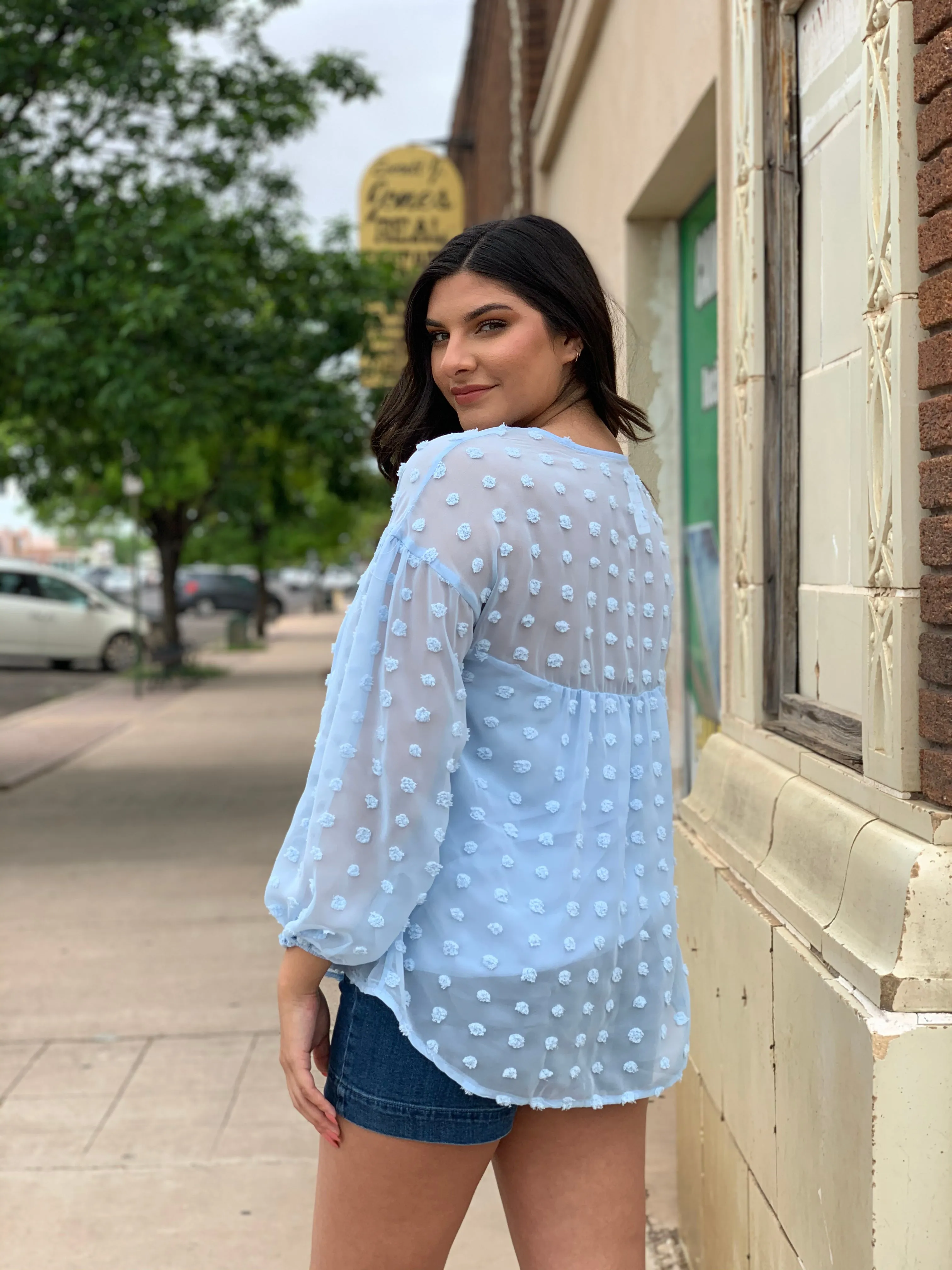 Baby Blue Swiss Dot Long Sleeve Top