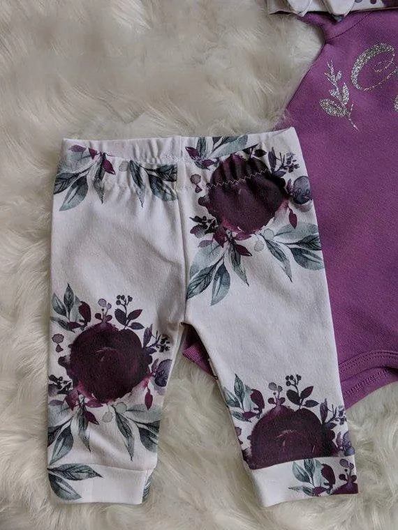 Baby Purple Floral Outfit,Custom Purple Bodysuit   Plum Purple Ice Floral Pant   Beanie or Bow Headband,Coming Home Outfit