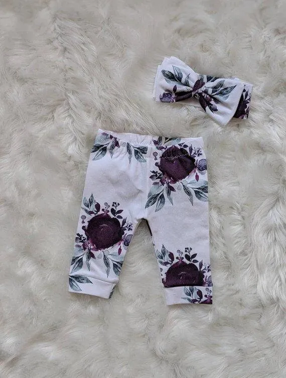 Baby Purple Floral Outfit,Custom Purple Bodysuit   Plum Purple Ice Floral Pant   Beanie or Bow Headband,Coming Home Outfit