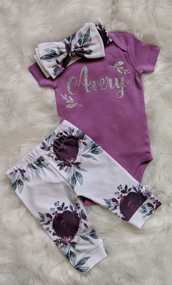 Baby Purple Floral Outfit,Custom Purple Bodysuit   Plum Purple Ice Floral Pant   Beanie or Bow Headband,Coming Home Outfit