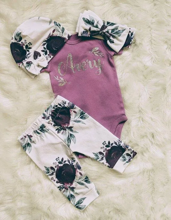 Baby Purple Floral Outfit,Custom Purple Bodysuit   Plum Purple Ice Floral Pant   Beanie or Bow Headband,Coming Home Outfit