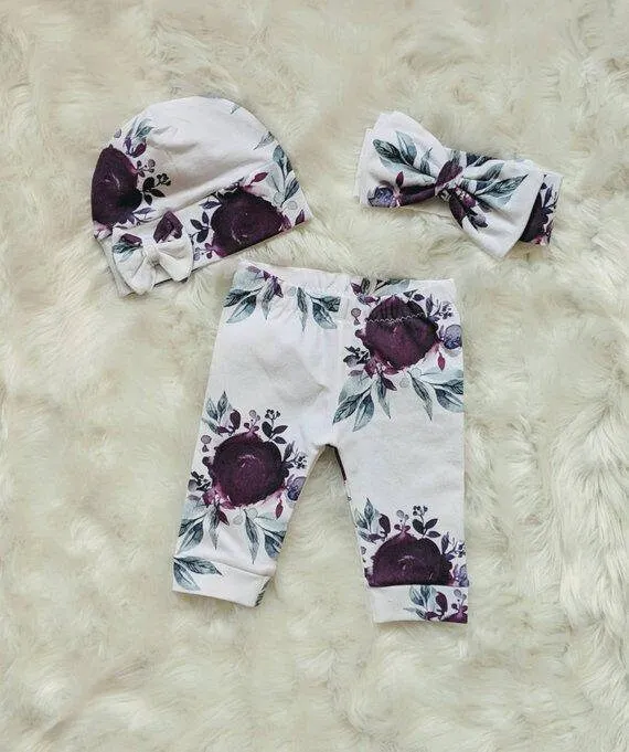 Baby Purple Floral Outfit,Custom Purple Bodysuit   Plum Purple Ice Floral Pant   Beanie or Bow Headband,Coming Home Outfit