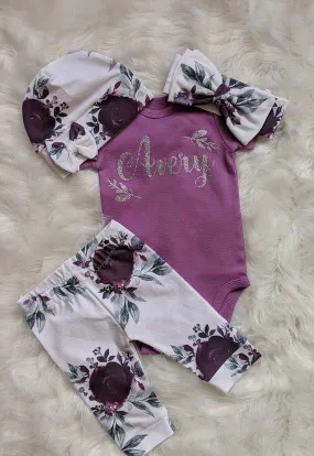 Baby Purple Floral Outfit,Custom Purple Bodysuit   Plum Purple Ice Floral Pant   Beanie or Bow Headband,Coming Home Outfit