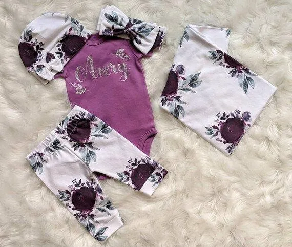 Baby Purple Floral Outfit,Custom Purple Bodysuit   Plum Purple Ice Floral Pant   Beanie or Bow Headband,Coming Home Outfit