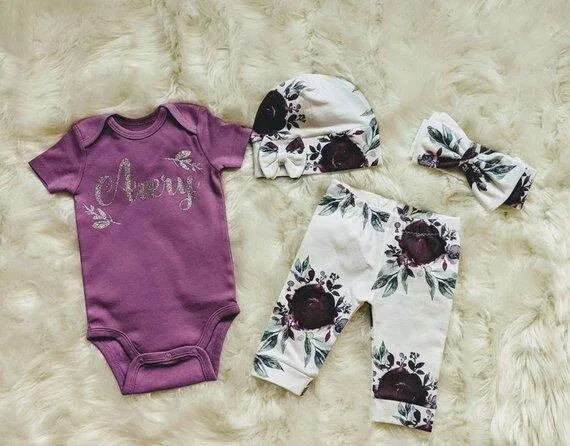 Baby Purple Floral Outfit,Custom Purple Bodysuit   Plum Purple Ice Floral Pant   Beanie or Bow Headband,Coming Home Outfit