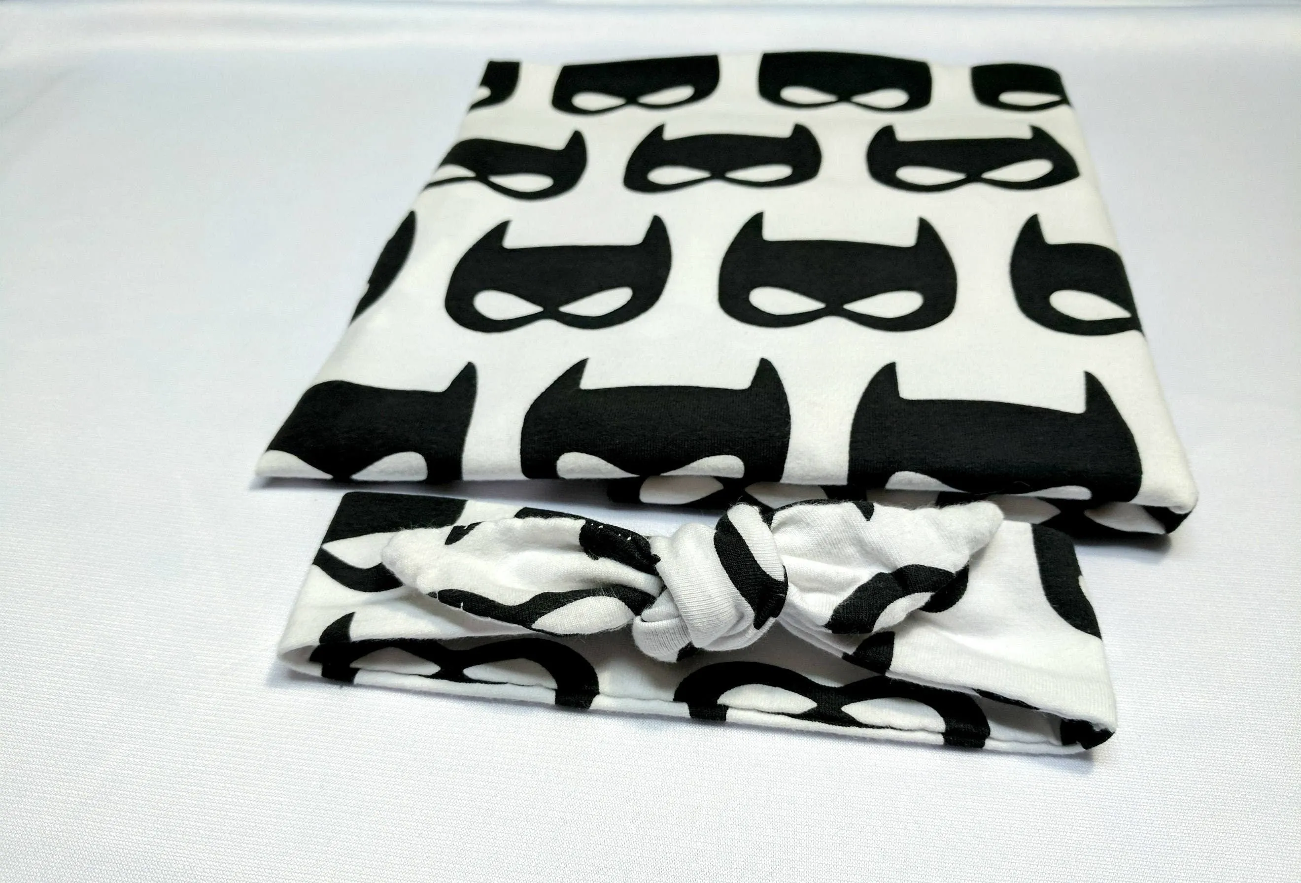 Bat Mask Baby Blanket Set, Black Bat on White Blanket   Cuffed Beanie or Headband,Super Hero Baby