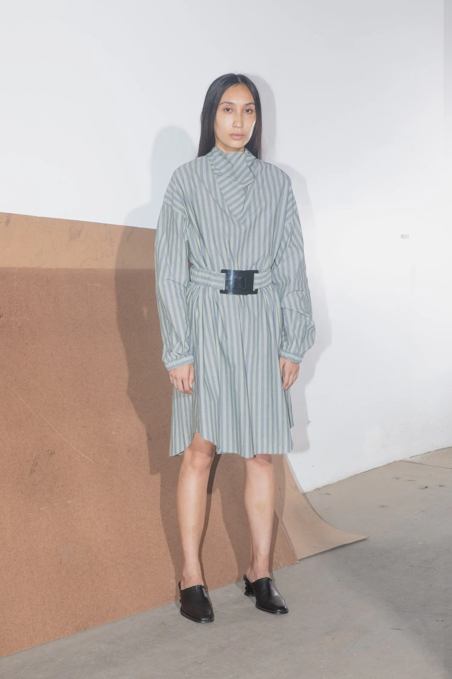 Belted Anorak Tunic Dress - Sage/Denim Stripe