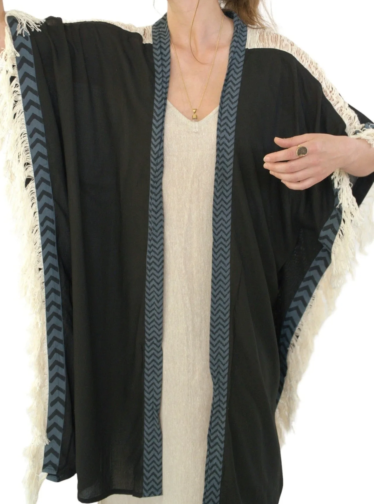 Black Closed-Back Fringe Poncho