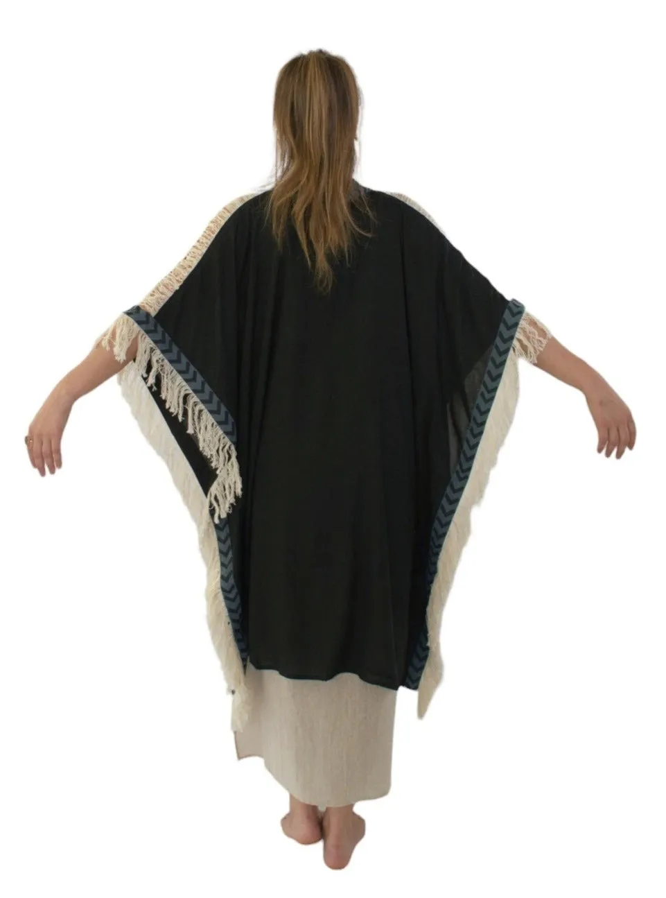 Black Closed-Back Fringe Poncho