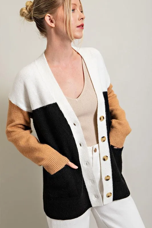 Black Color Block Pocket Cardigan