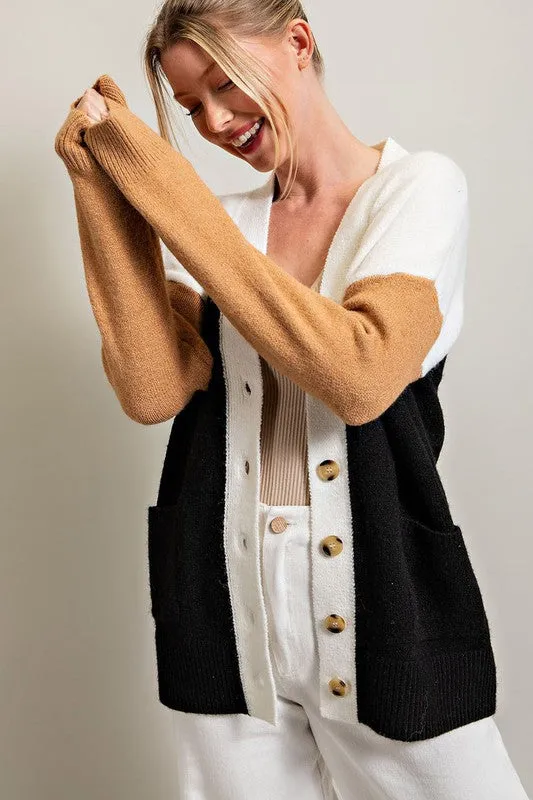 Black Color Block Pocket Cardigan