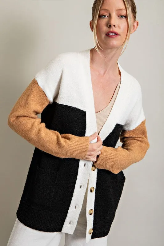 Black Color Block Pocket Cardigan