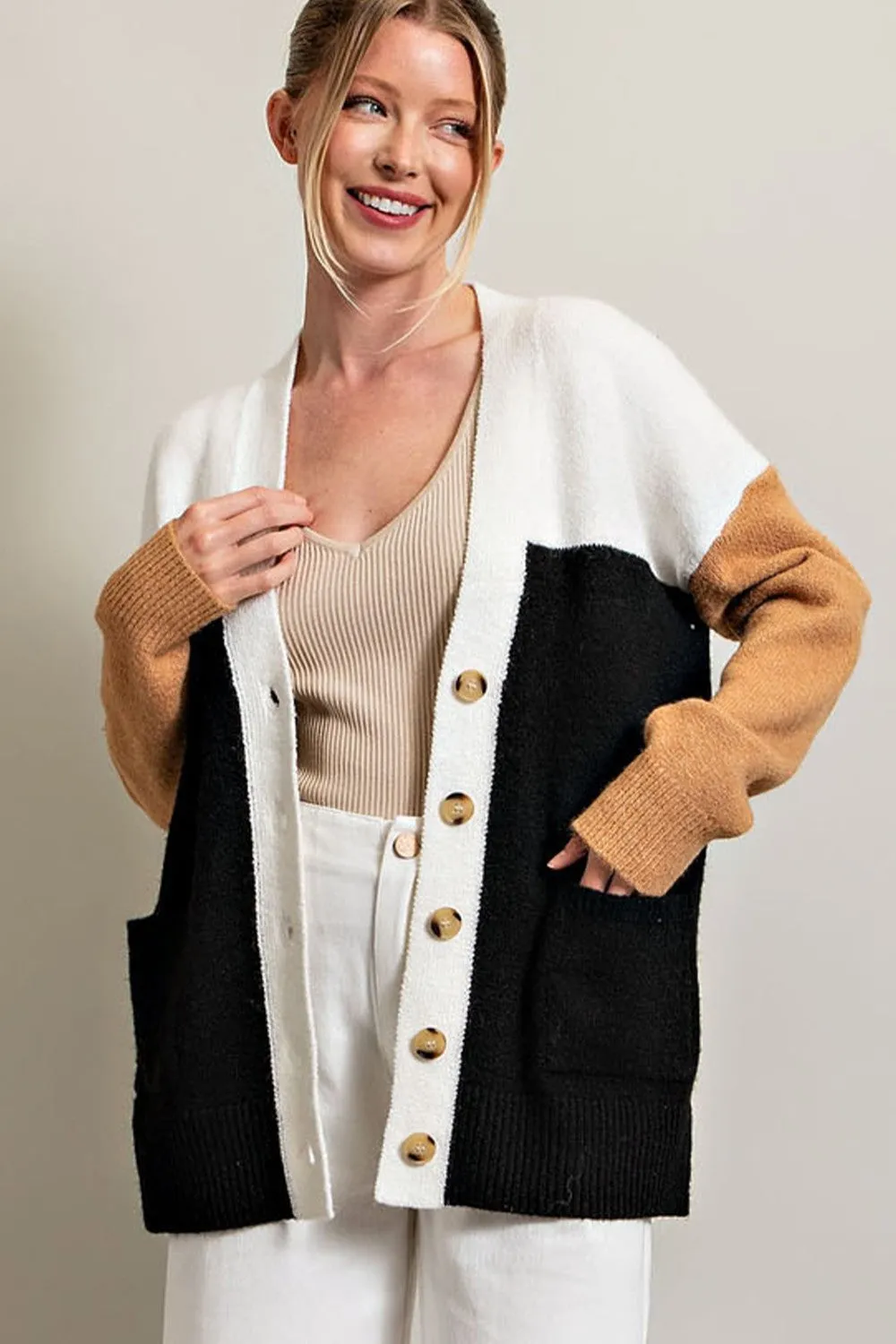 Black Color Block Pocket Cardigan