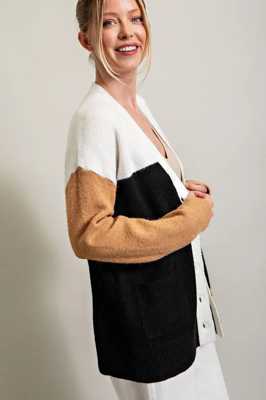 Black Color Block Pocket Cardigan