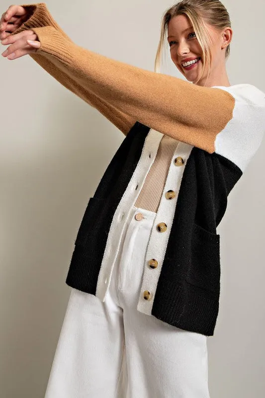 Black Color Block Pocket Cardigan