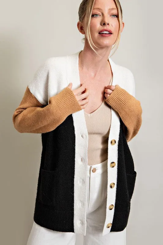 Black Color Block Pocket Cardigan