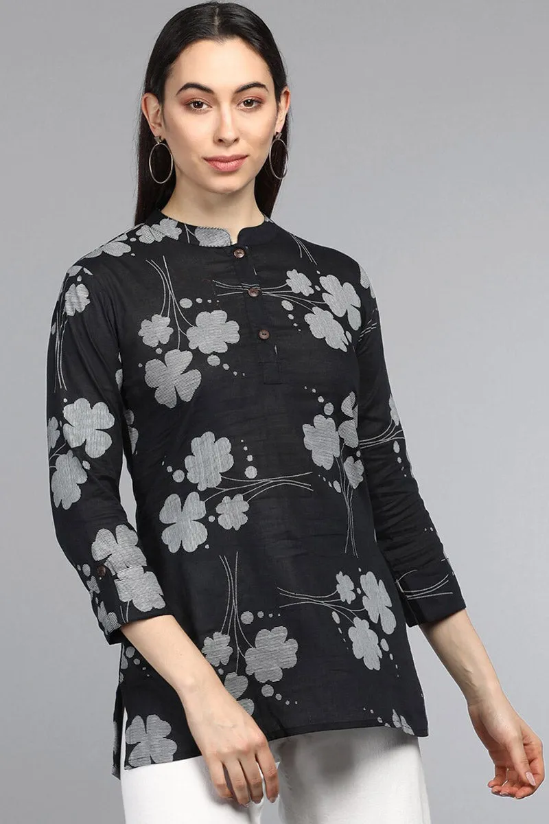 Black Cotton Floral Print Regular Tunic Top