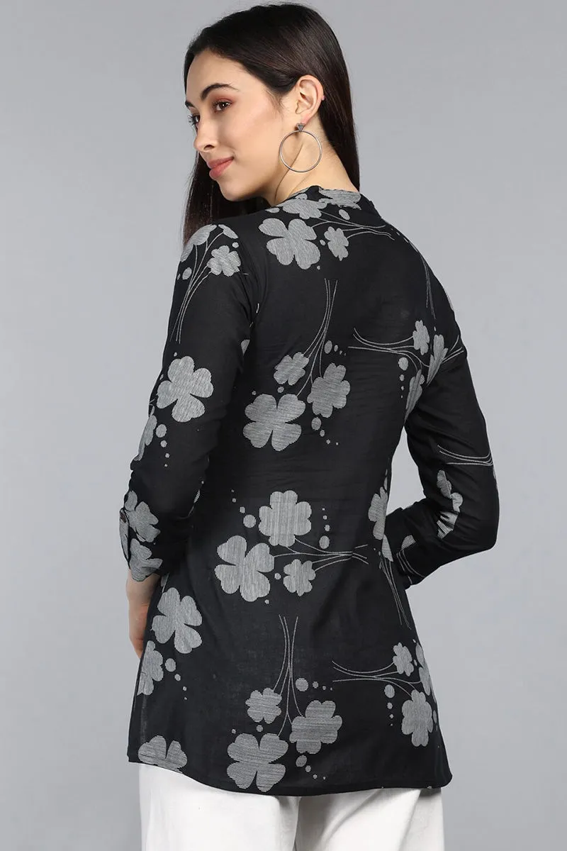 Black Cotton Floral Print Regular Tunic Top