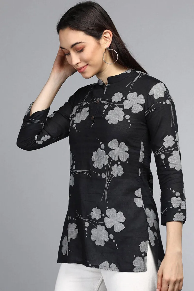 Black Cotton Floral Print Regular Tunic Top