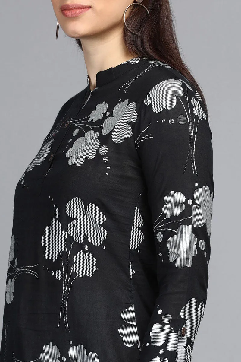 Black Cotton Floral Print Regular Tunic Top