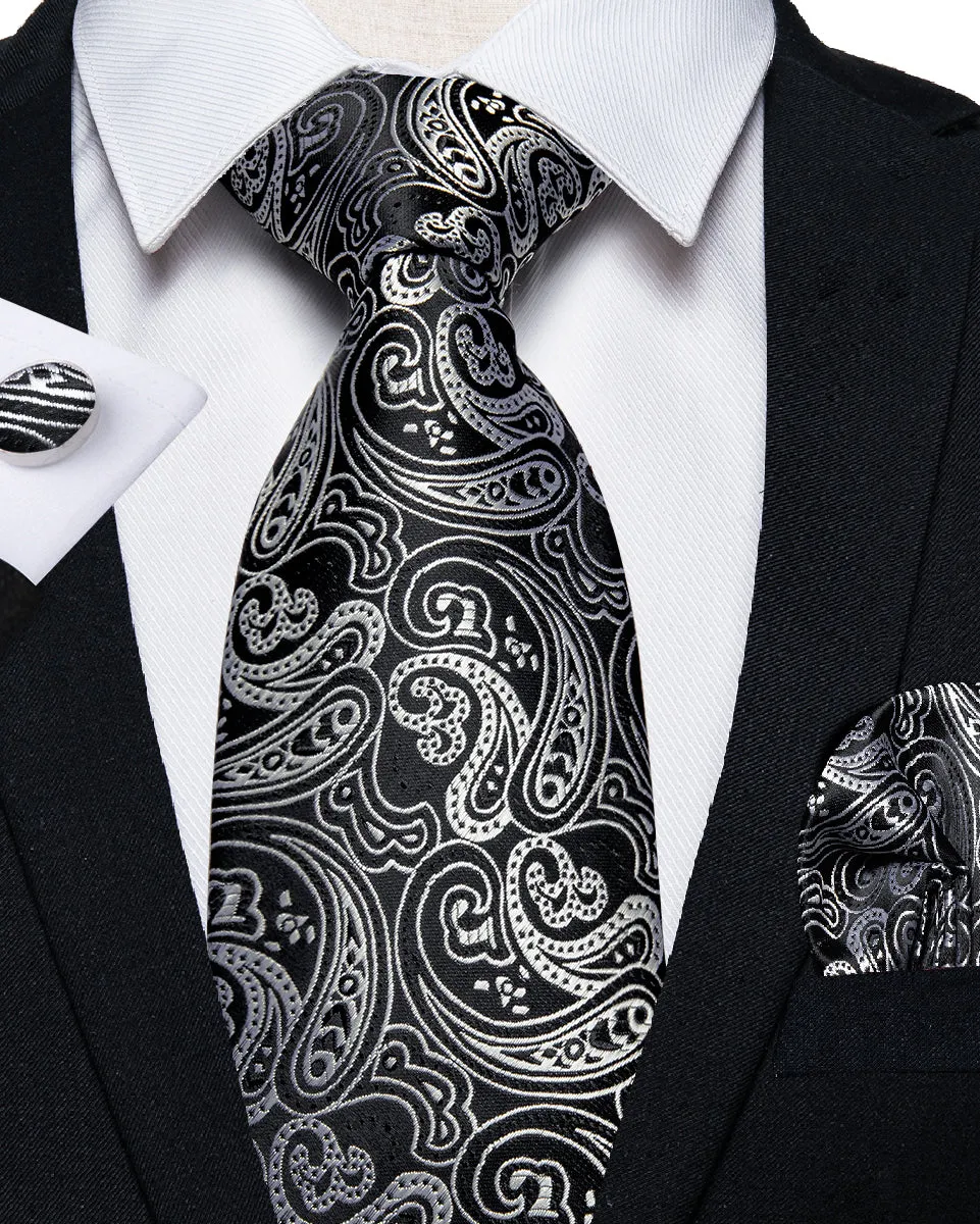 Black paisley Tie Hanky Cufflinks Set