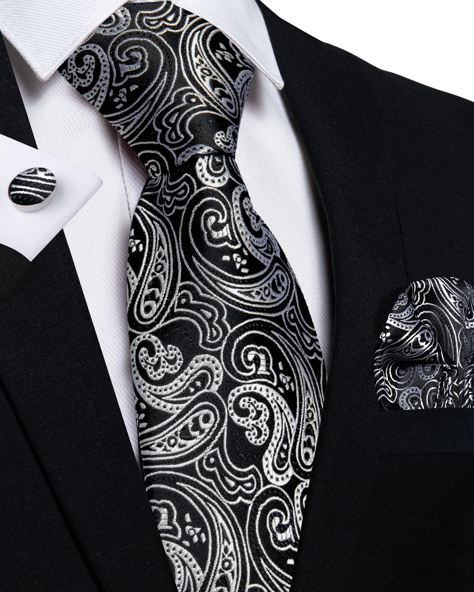 Black paisley Tie Hanky Cufflinks Set