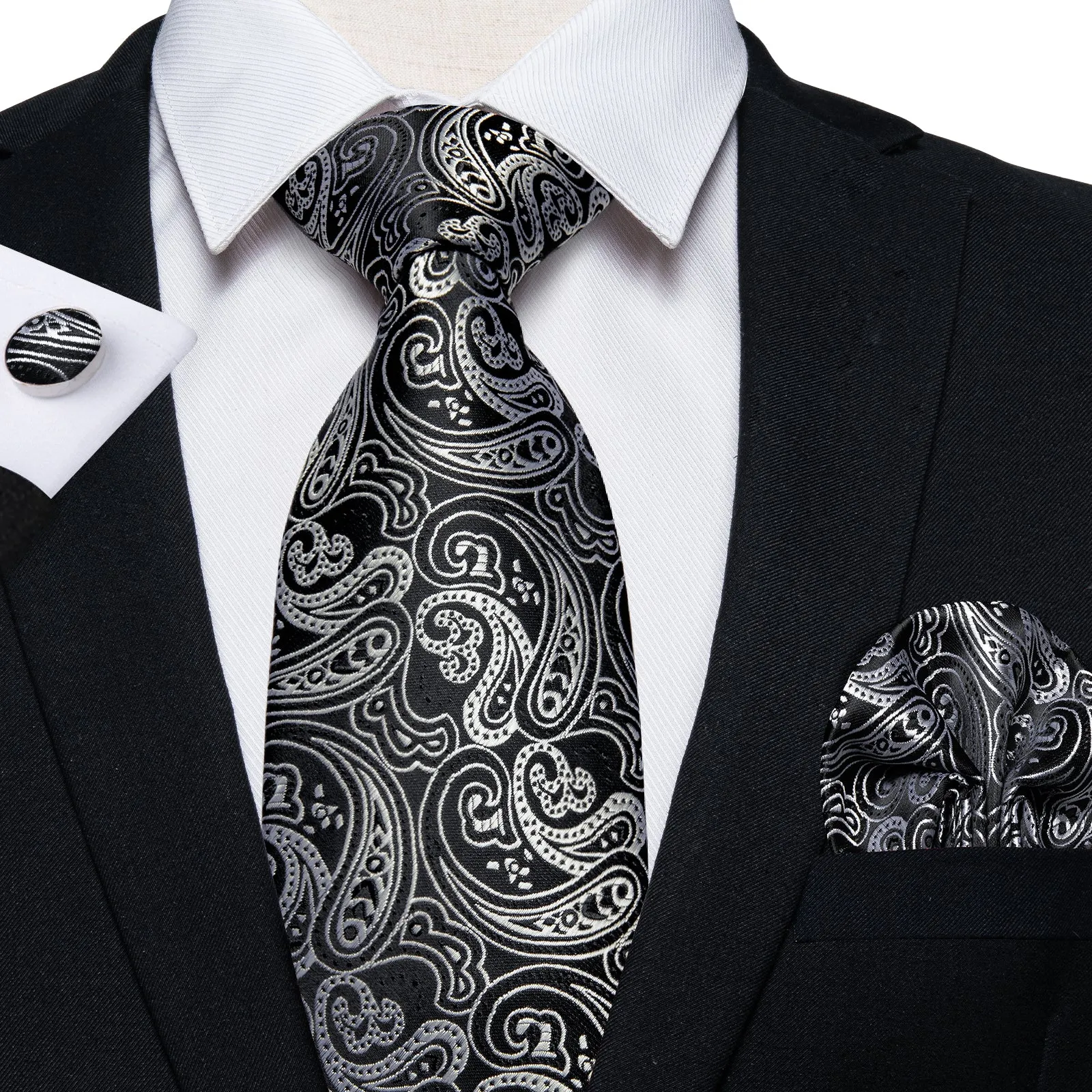 Black paisley Tie Hanky Cufflinks Set