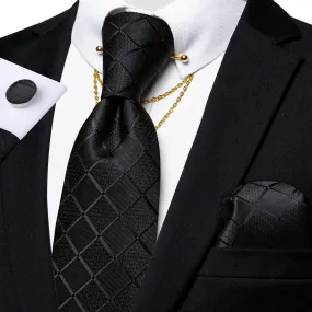 Black Plaid Tie Handkerchief Cufflinks Set with Collar Pin