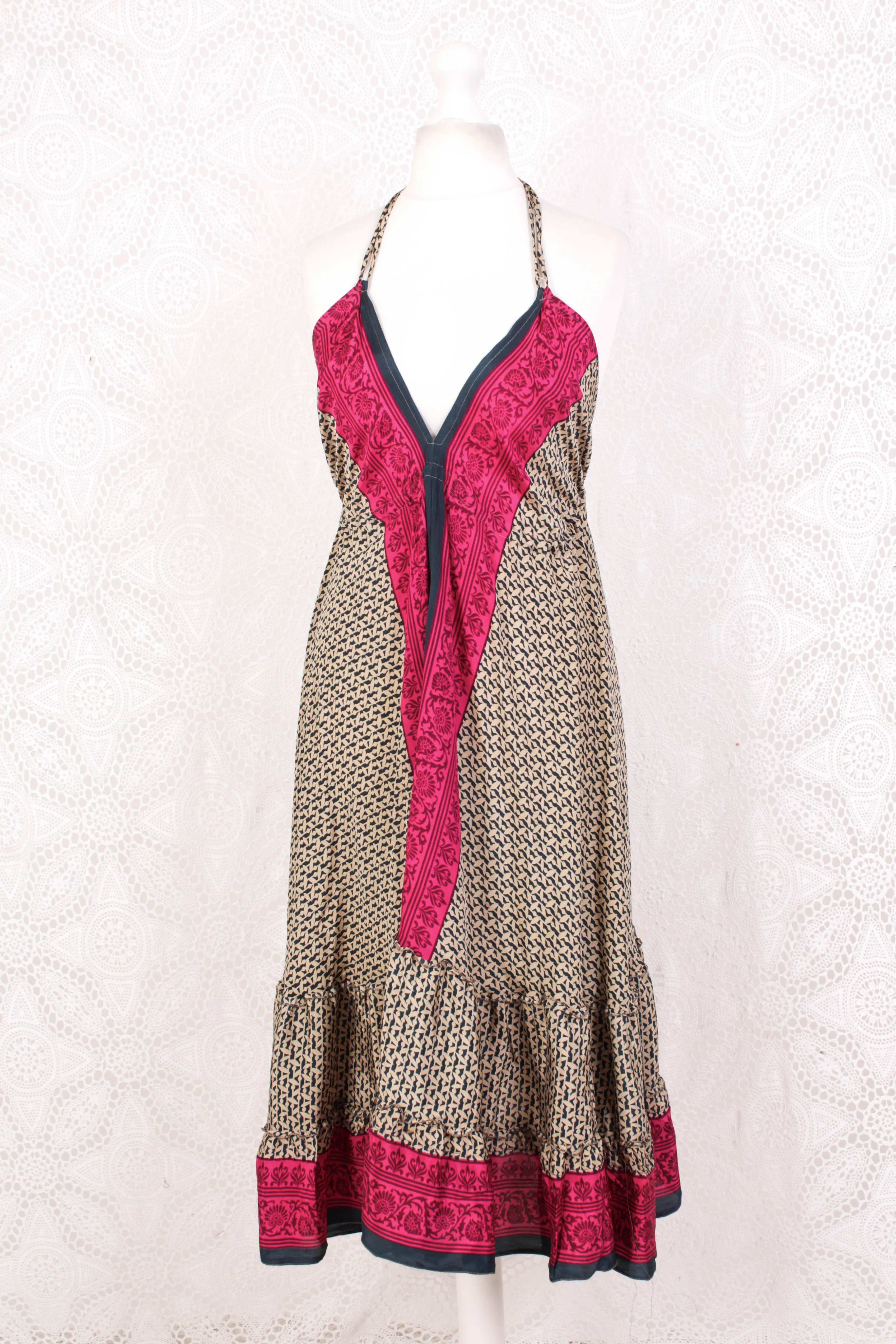 Blossom Mini Halter Dress - Vintage Indian Sari - Sand, Indigo & Pink Graphic - XL