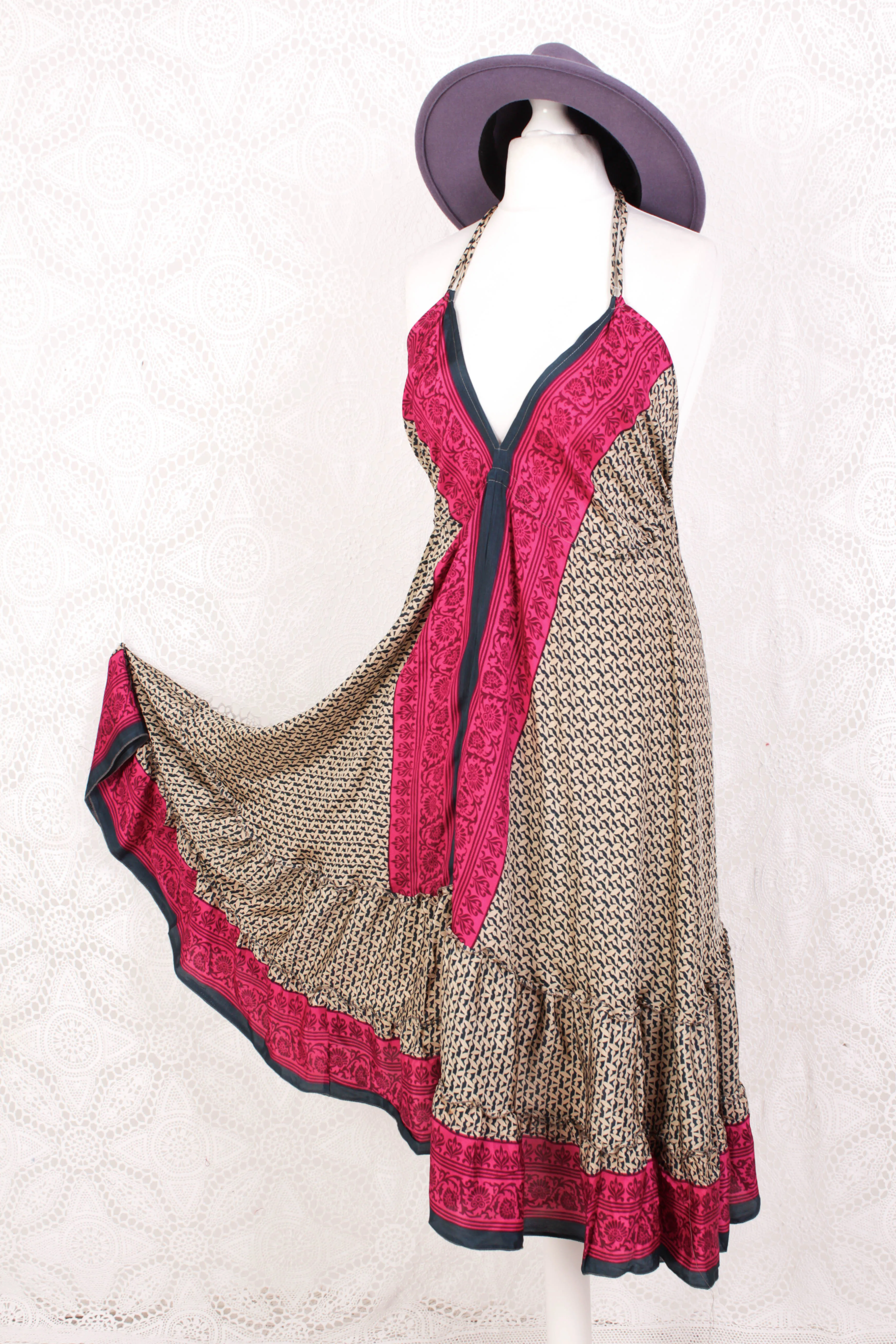 Blossom Mini Halter Dress - Vintage Indian Sari - Sand, Indigo & Pink Graphic - XL